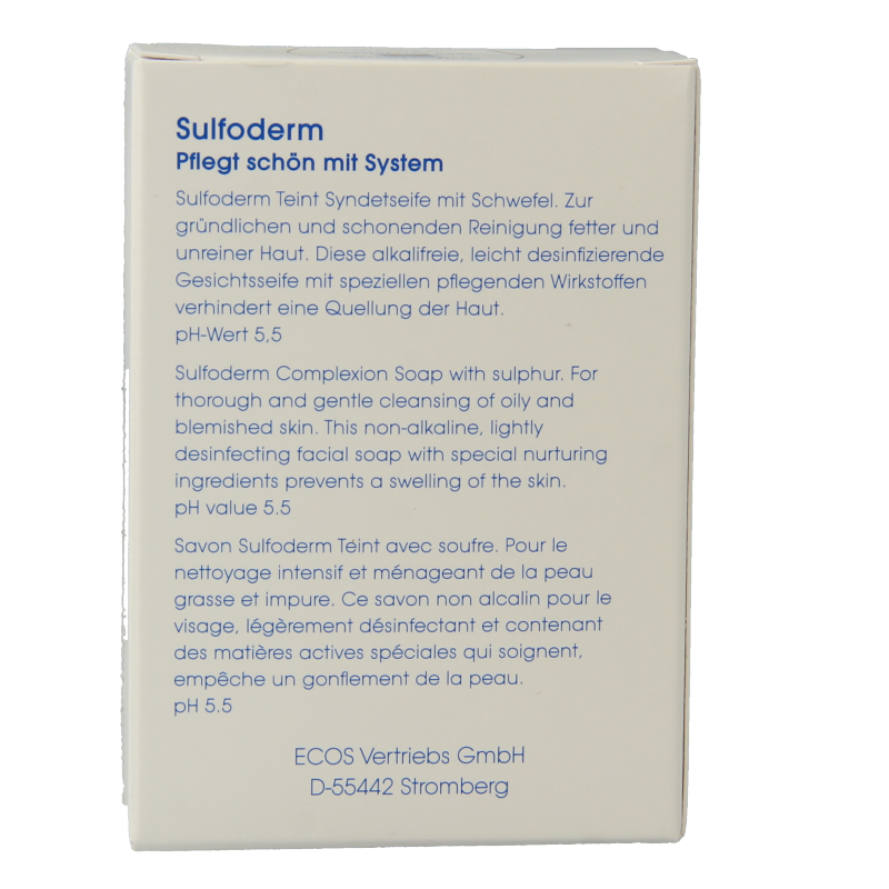 Sulfoderm S teint syndet soap bar by Sulfoderm, 100g, featuring a smooth, light-colored soap with a clean, minimalist design.