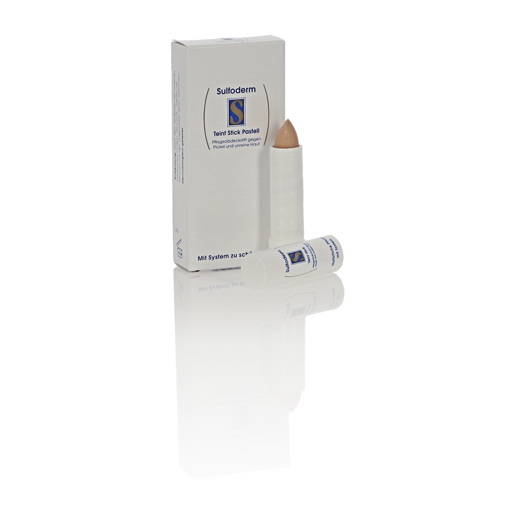 Sulfoderm S teint stick pastel makeup product with closed cap and pastel-colored packaging, designed for skin coverage.