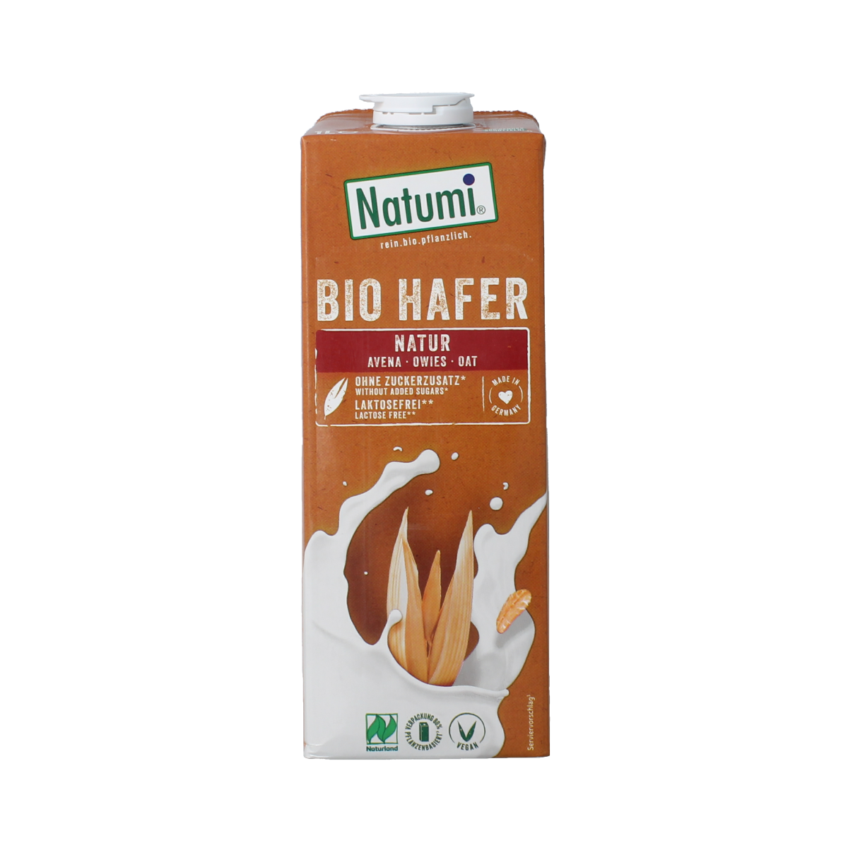 Natumi Haverdrink natural bio in 1-liter carton, showing a glass of oat drink and the product packaging.