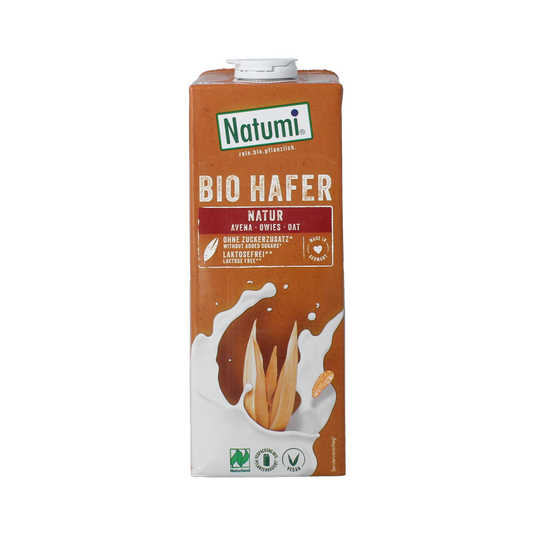 Natumi Haverdrink natural bio in 1-liter carton, showing a glass of oat drink and the product packaging.