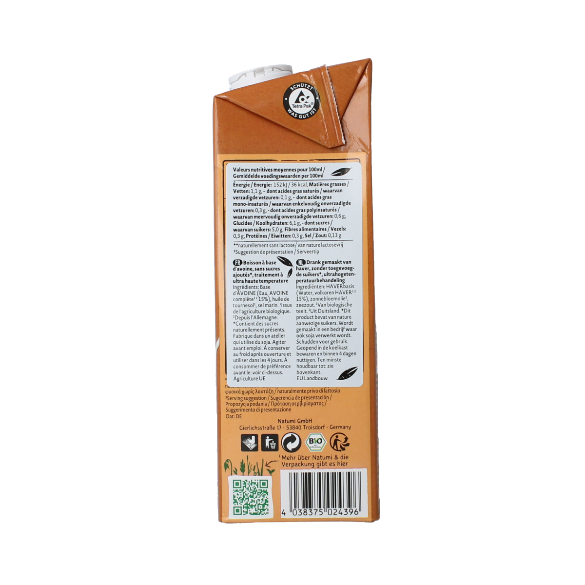 Natural bio oat drink from Natumi, 1 liter bottle, creamy plant-based beverage for dairy alternatives.