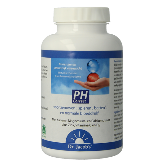 Dr. Jacob's PH Correct mineral supplement tablets, 250 count, showing the round tablets in a container.