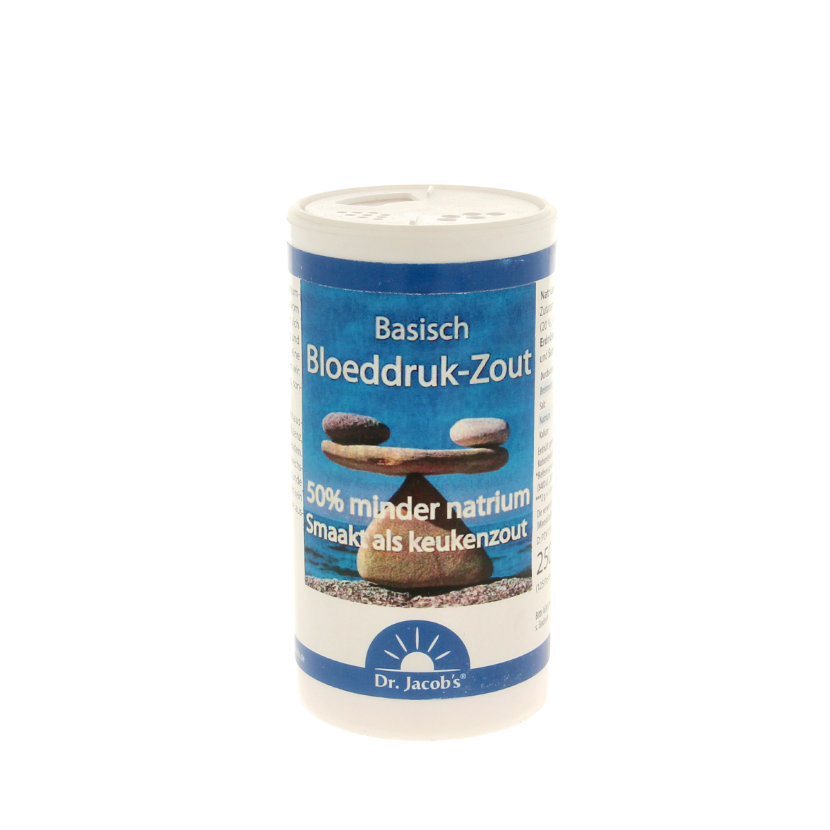 Dr. Jacob's Basisch bloeddrukzout mineralen supplement in 250g container, shown in the image with label and product packaging.