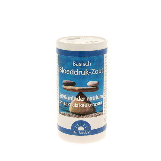 Dr. Jacob's Basisch bloeddrukzout mineralen supplement in 250g container, shown in the image with label and product packaging.