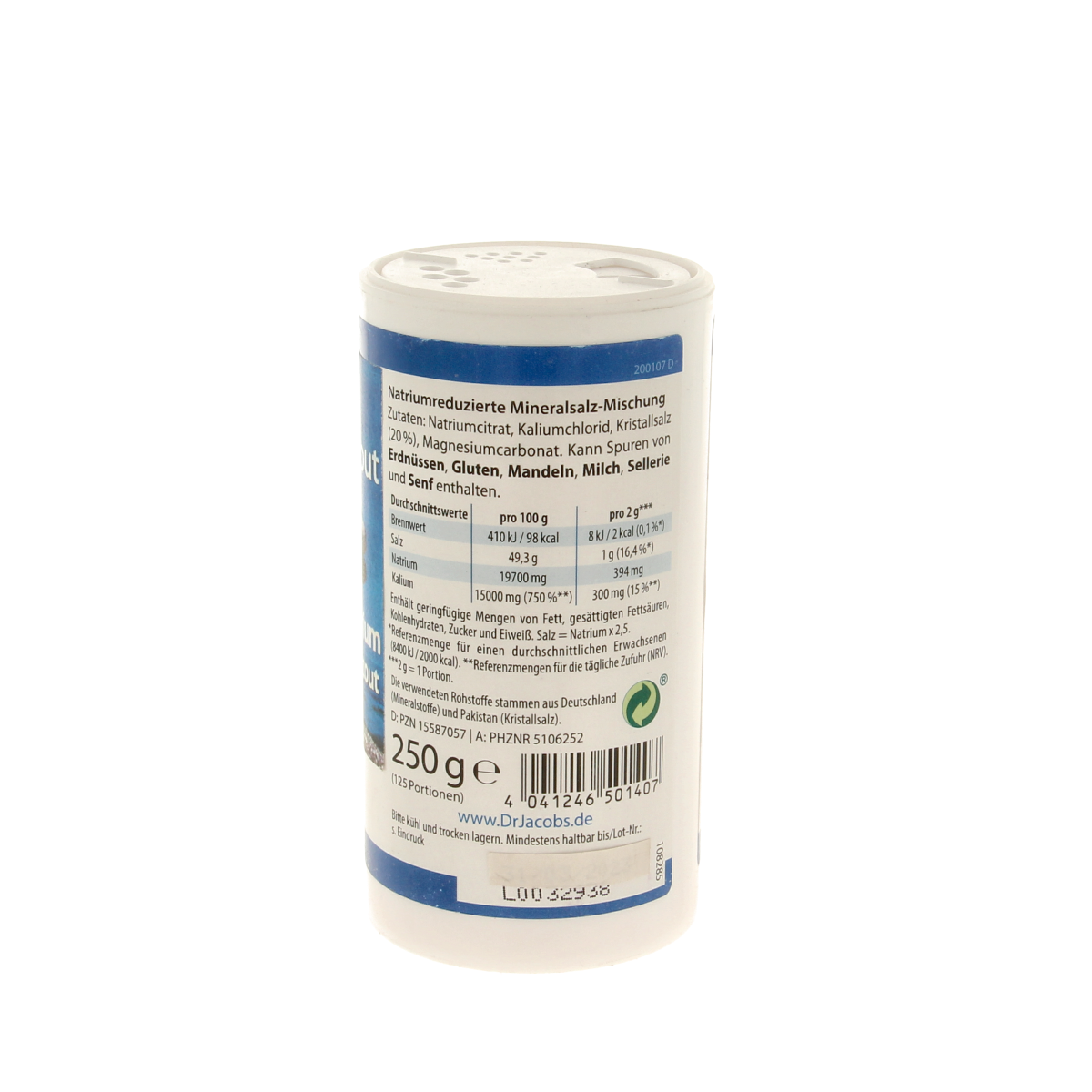 Dr. Jacob's Basisch bloeddrukzout mineralen enkel, 250g container with salt crystals for blood pressure support.