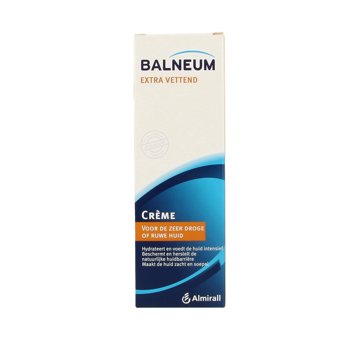 Balneum Creme extra vettend, 75ml, a rich body moisturizer in a white tube with blue accents for dry skin care.