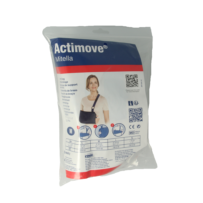 Actimove Mitella size M, a supportive shoulder bandage, shown on a plain background, designed for arm and shoulder support.