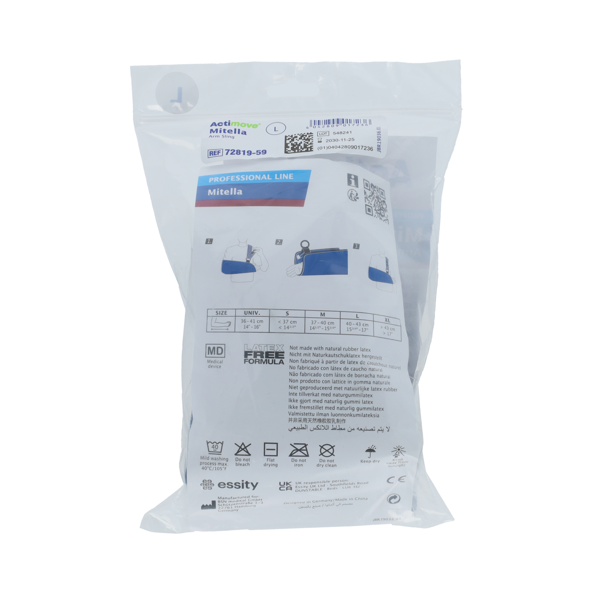 Actimove Mitella size L, a soft medical bandage for arm support, shown on a white background.