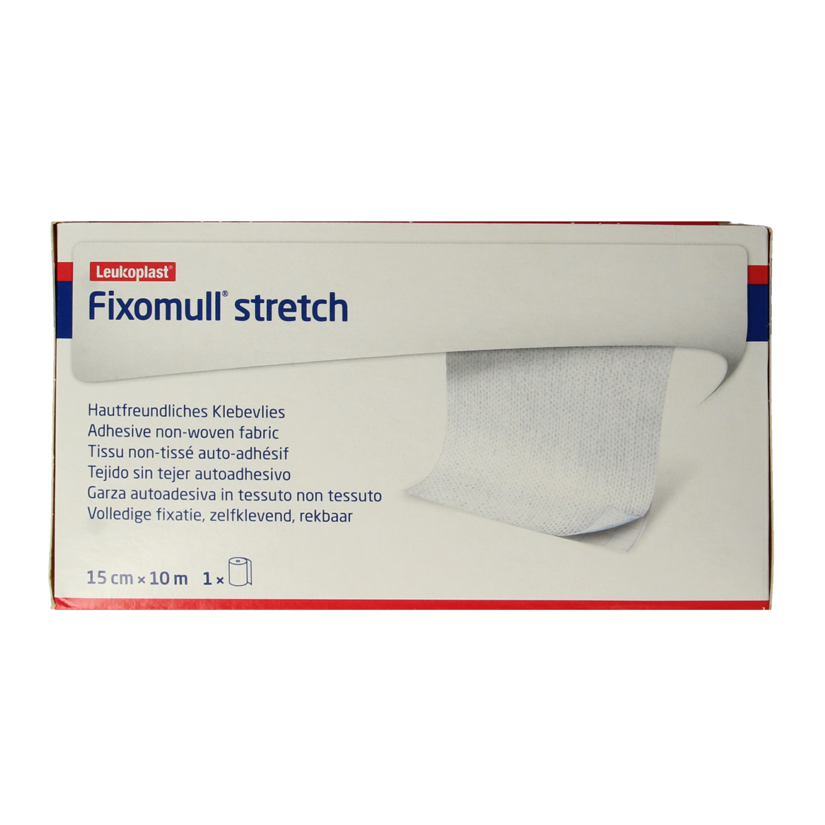Fixomull Stretch elastic bandage 10m x 15cm from Fixomull, used for quick wound dressing and compression support.