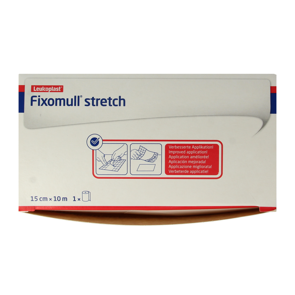 Fixomull Stretch medical bandage 10m x 15cm for wound care and compression, shown as a flexible adhesive bandage in the image.