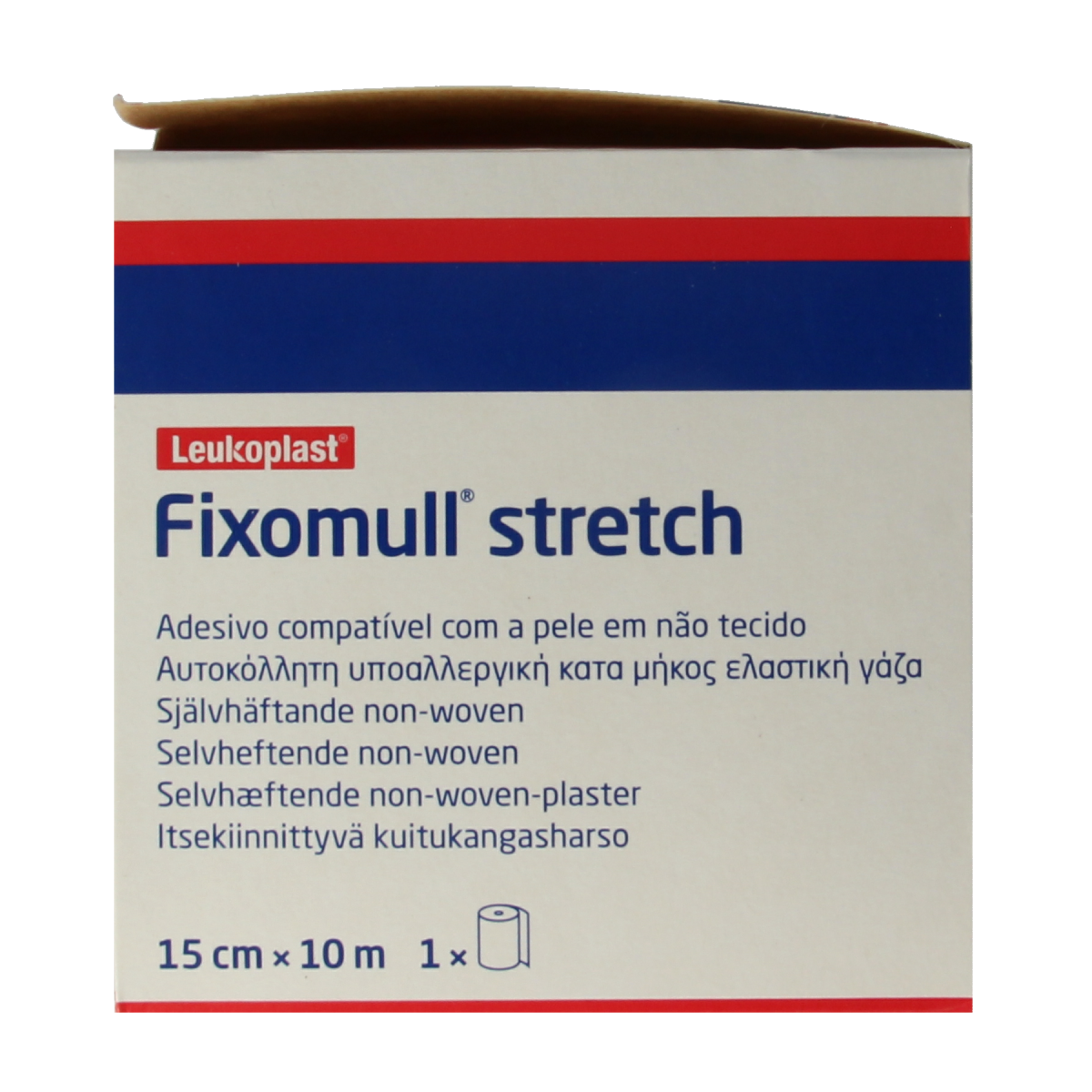 Fixomull Stretch elastic adhesive bandage, 10m x 15cm, medical wound dressing, shown in the image.