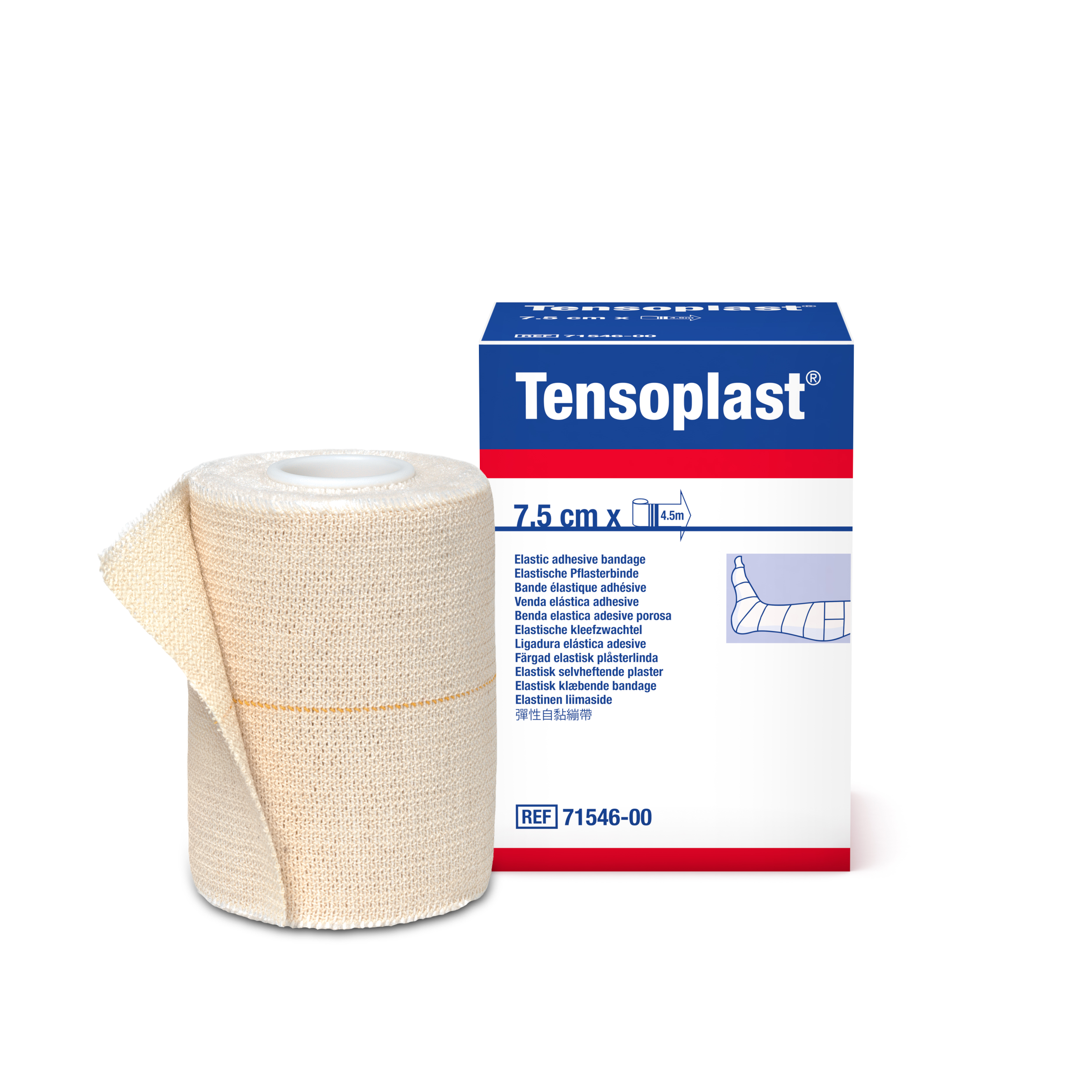 Tensoplast elastic adhesive bandage 7.5cm wide on roll, suitable for quick wound dressing and compression support.