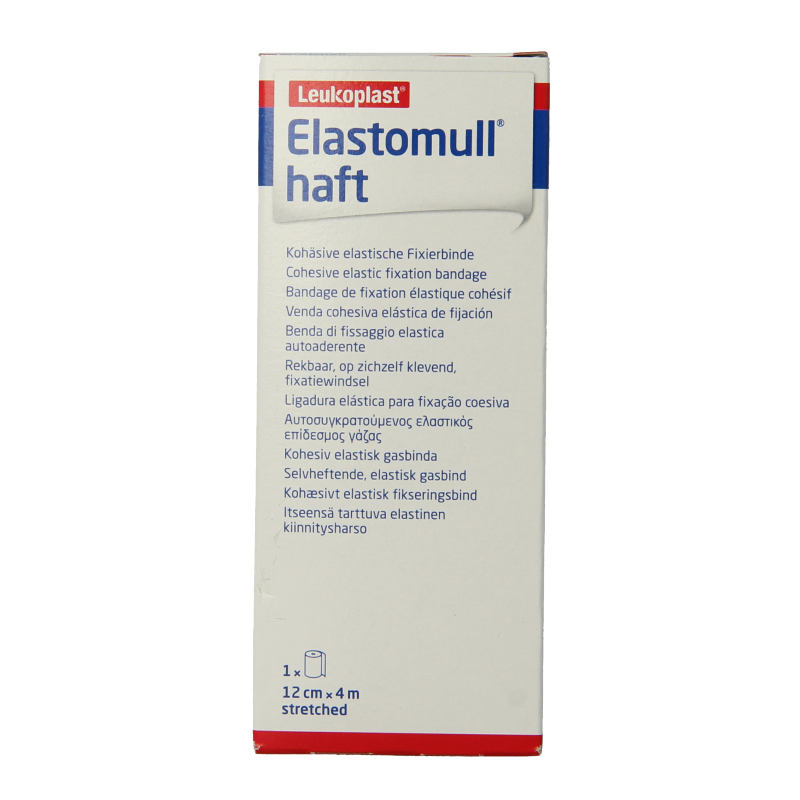 Elastomull Fixatiewindsel, 4m x 12cm, elastic bandage for wound care, by Elastomull, shown rolled out with packaging.