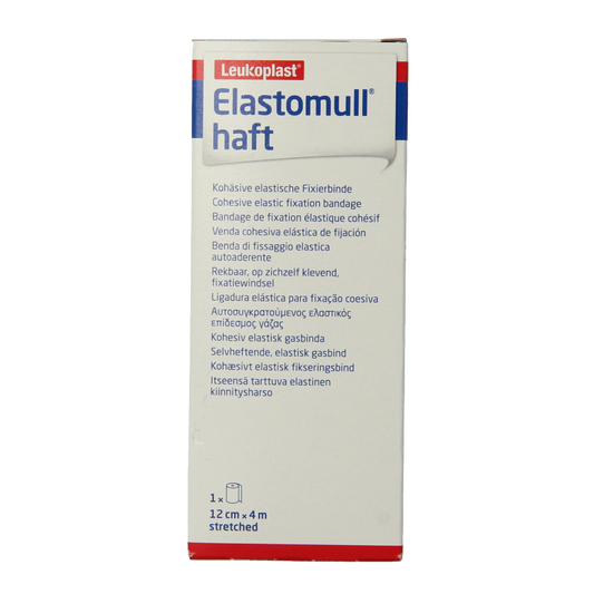 Elastomull Fixatiewindsel, 4m x 12cm, elastic bandage for wound care, by Elastomull, shown rolled out with packaging.