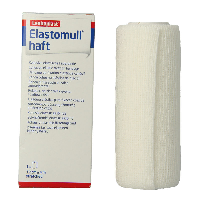 Elastomull Fixatiewindsel, 4m x 12cm, elastic bandage from Elastomull, showing the wound dressing in use.