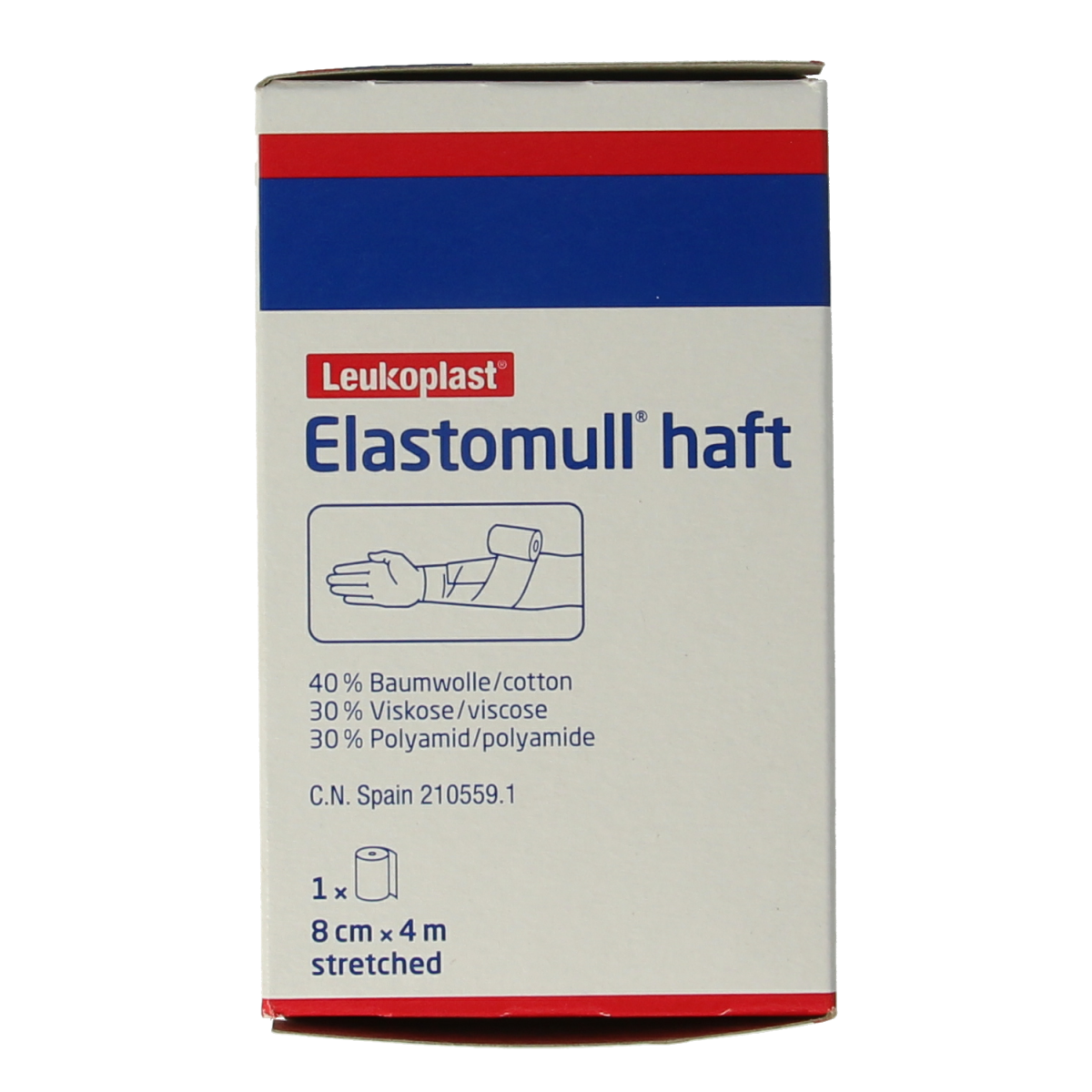 Elastomull brand elastomull fixatiewindsel in 4m x 8cm size, shown as a sterile medical bandage on a white background.