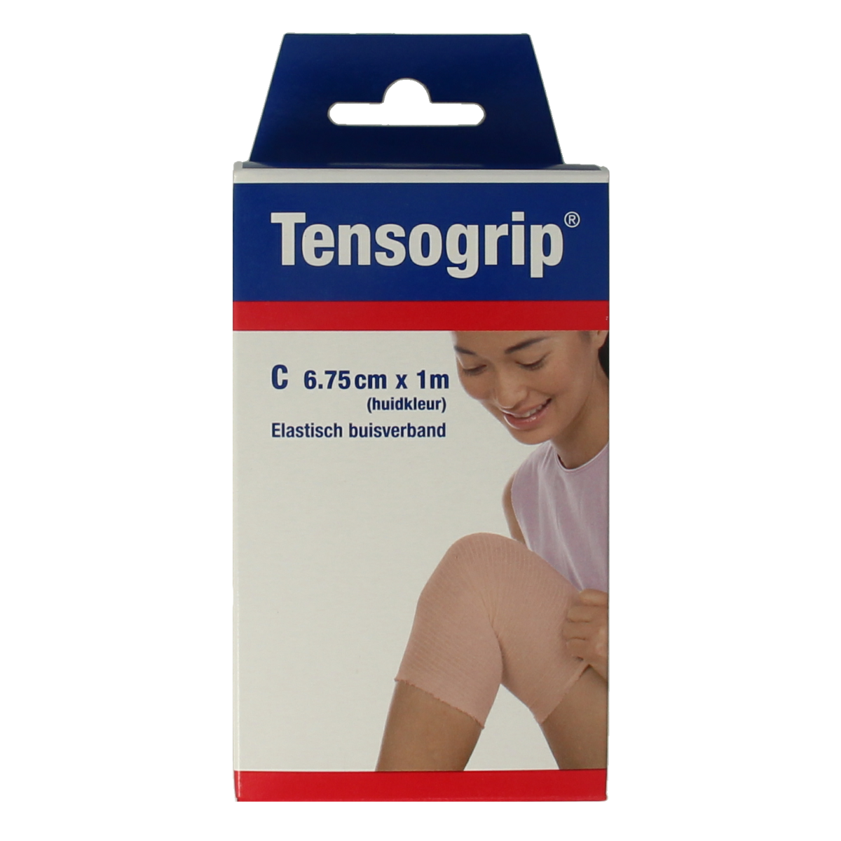 Tensogrip elastic tubular bandage in skin color, 1 meter long and 6.75 cm wide, shown in natural light on a plain background.