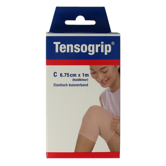 Tensogrip elastic tubular bandage in skin color, 1 meter long and 6.75 cm wide, shown in natural light on a plain background.