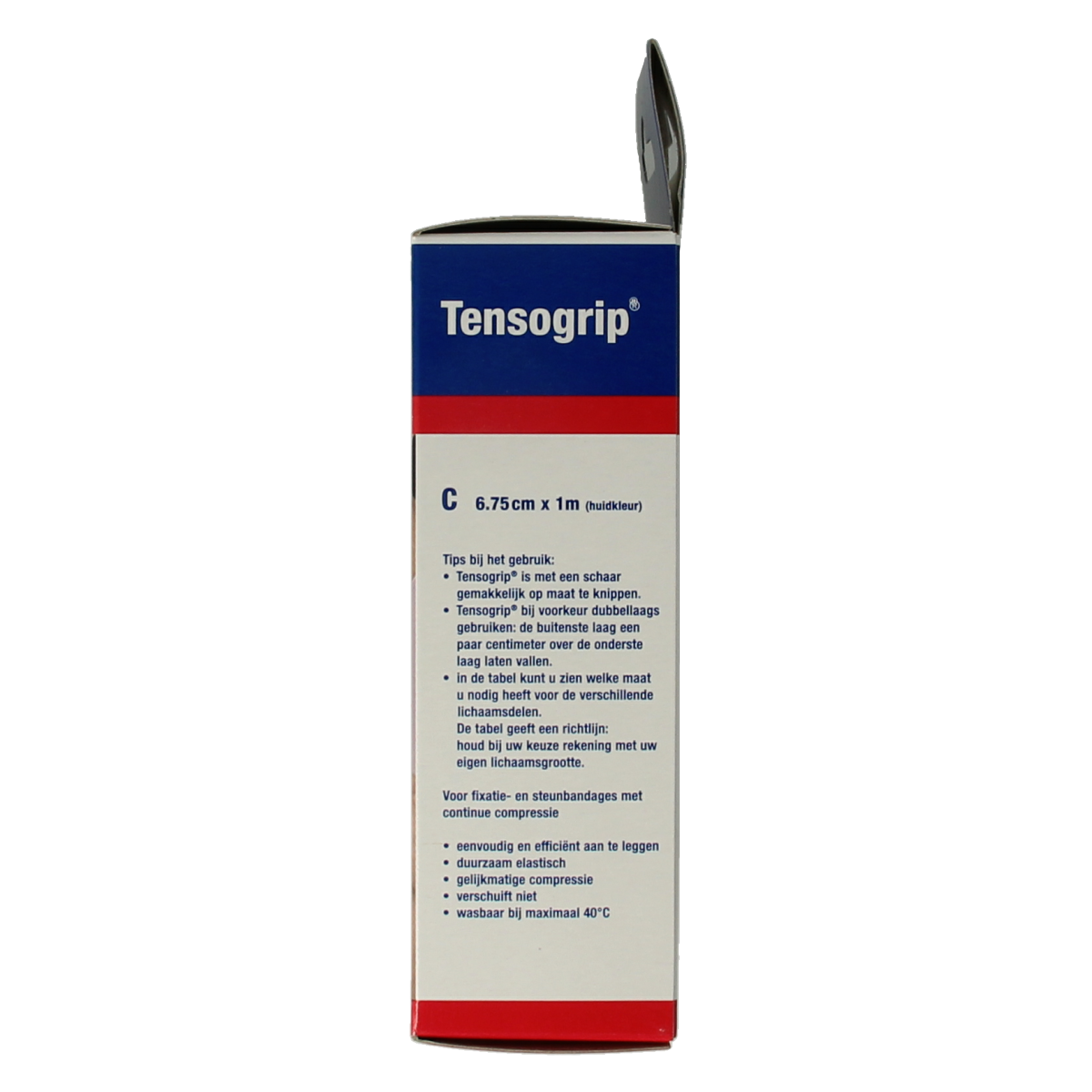Tensogrip elastic tube bandage in skin color, 1 meter long and 6.75 cm wide, shown in natural rolled form.