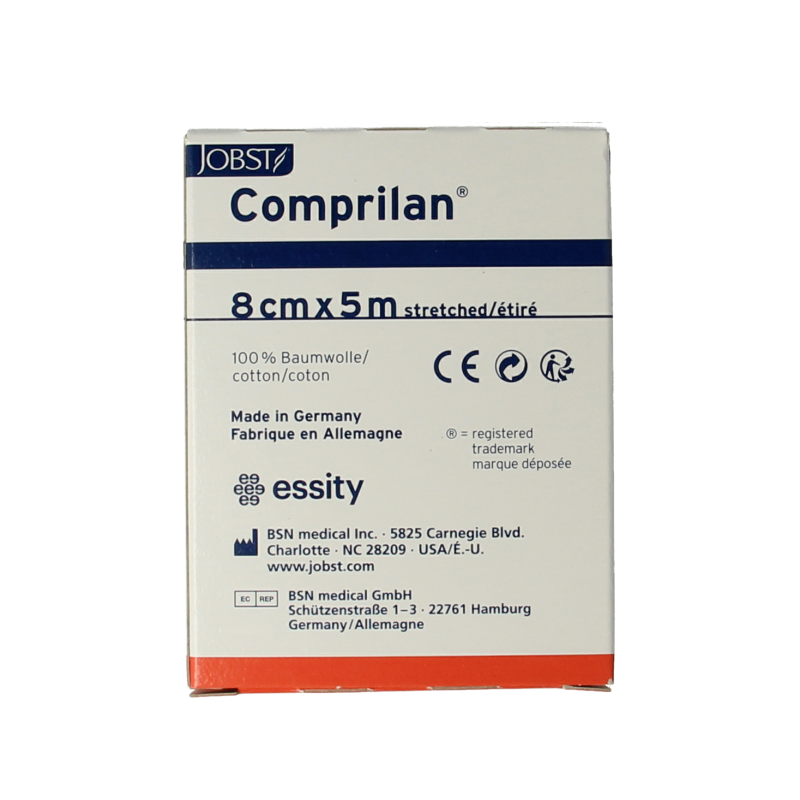 Comprilan brand short elastic bandage, 5m x 8cm, used as a wound dressing or support for injuries.
