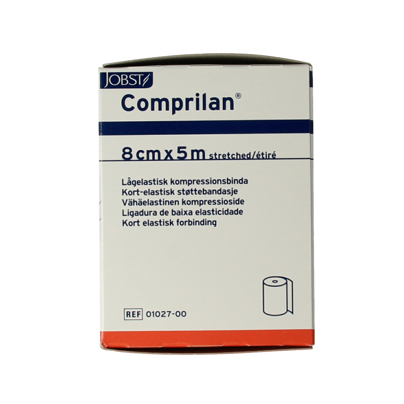 Comprilan brand short stretch bandage, 5m x 8cm, used as a wound dressing or support wrap, shown in the image.