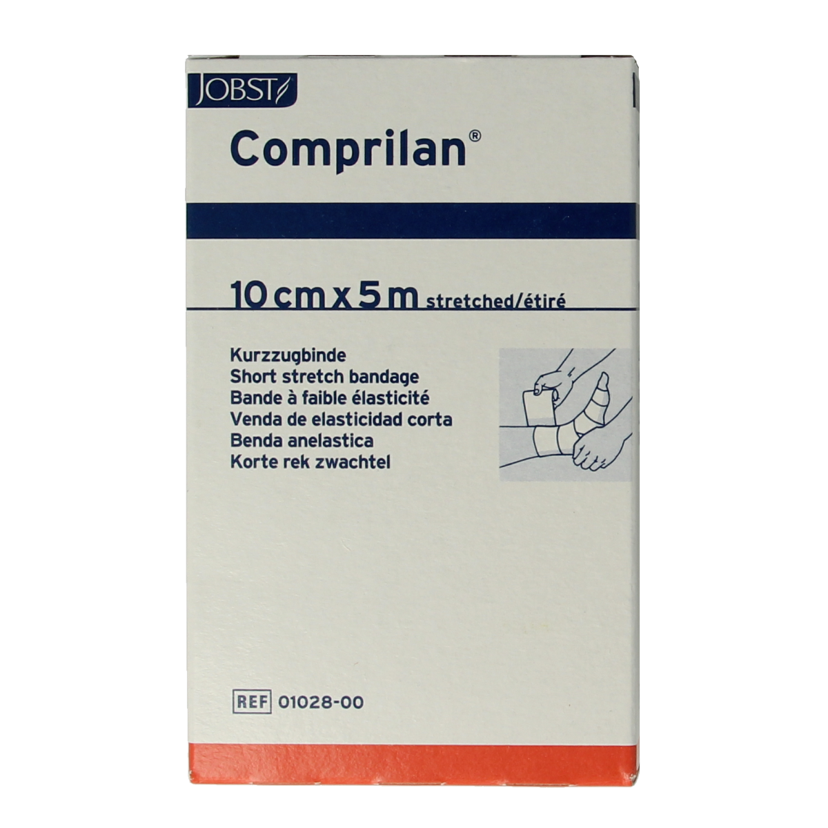 Comprilan brand short stretch wound bandage, 5m x 10cm, ideal for compression and support, shown in the image.