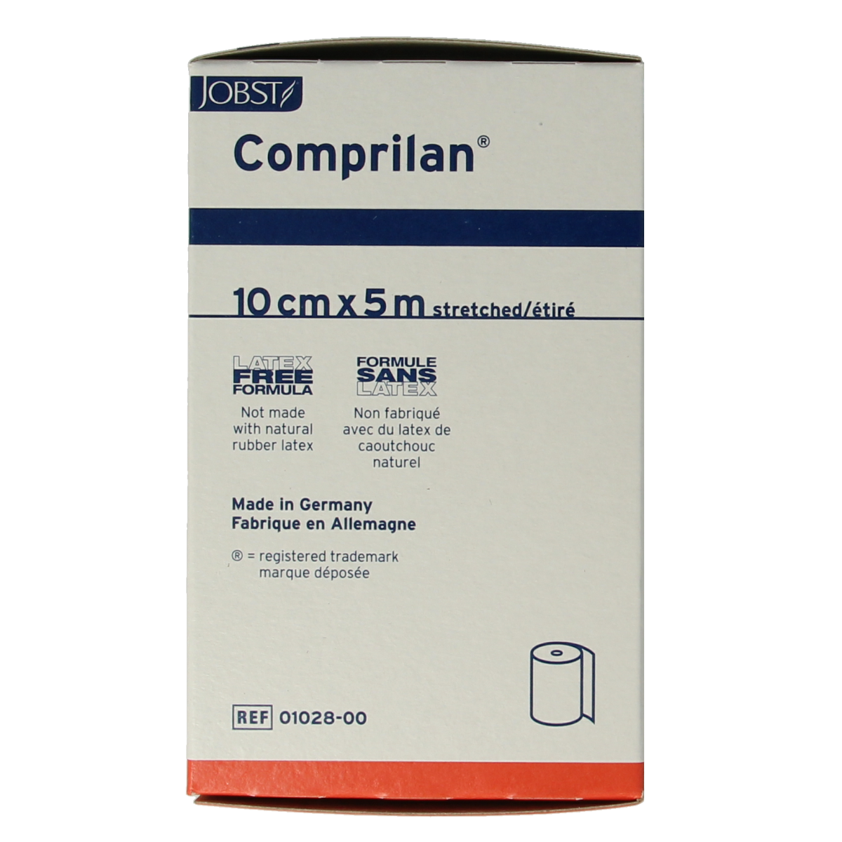 Comprilan brand short compression bandage, 5m x 10cm, wound dressing windsels, displayed on a medical table.