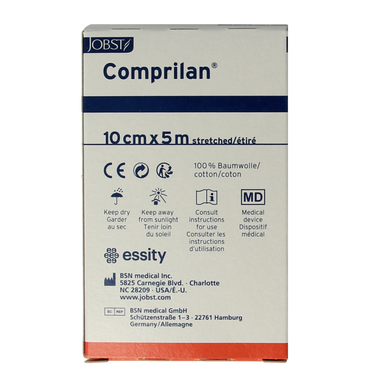 Comprilan brand short compression bandage, 5m x 10cm, wound dressing windsels, displayed rolled out on a clean surface.