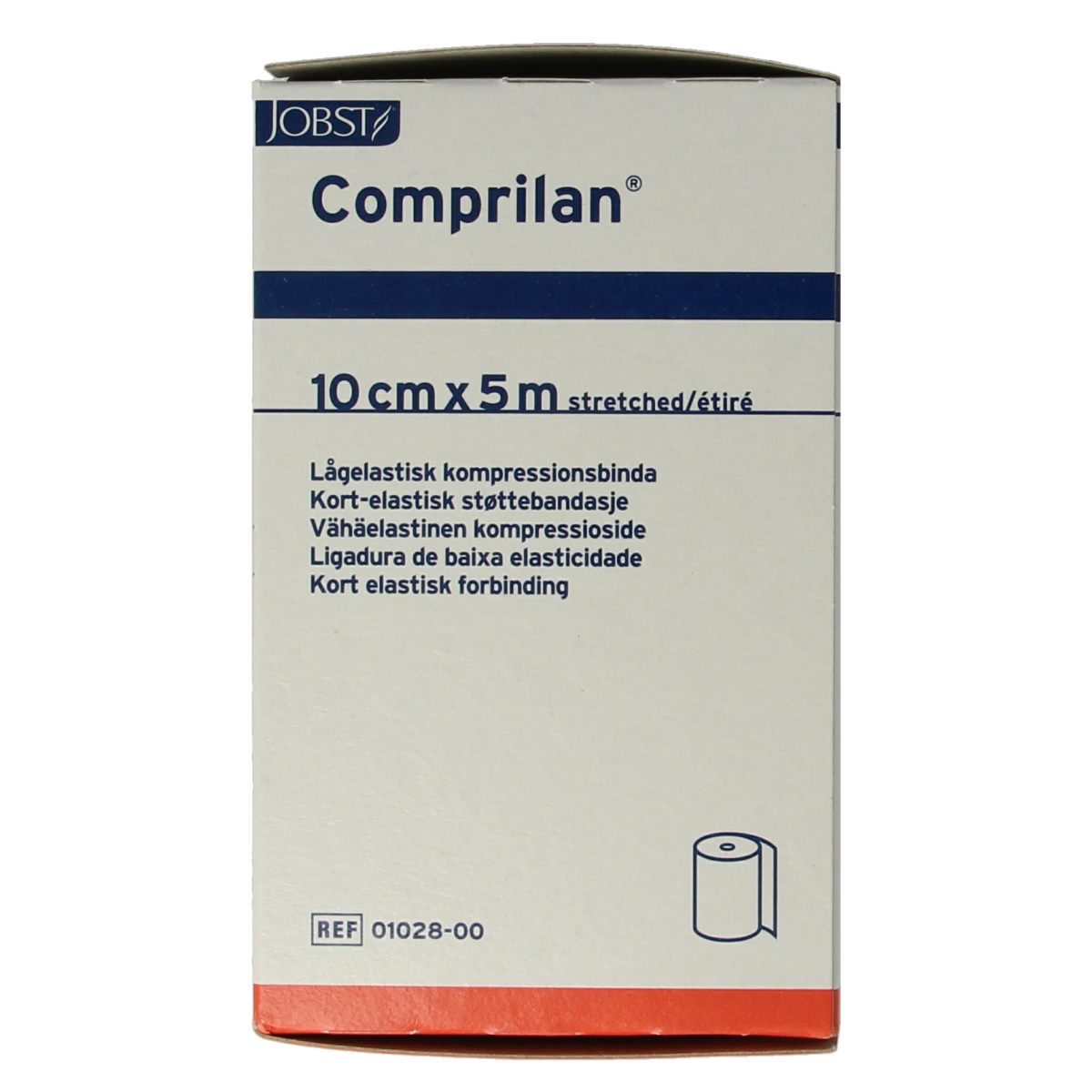 Comprilan brand short compression bandage, 5m x 10cm, wound dressing wrap, medical compression support for injuries.