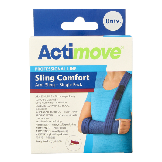 Actimove sling bandage, 5.5cm x 1.7m, flexible support for injury care, shown in the product image.