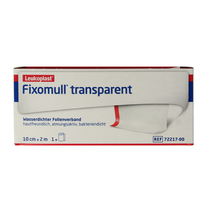 Fixomull transparent adhesive bandage 2m x 10cm for quick wound coverage, shown on a medical surface.