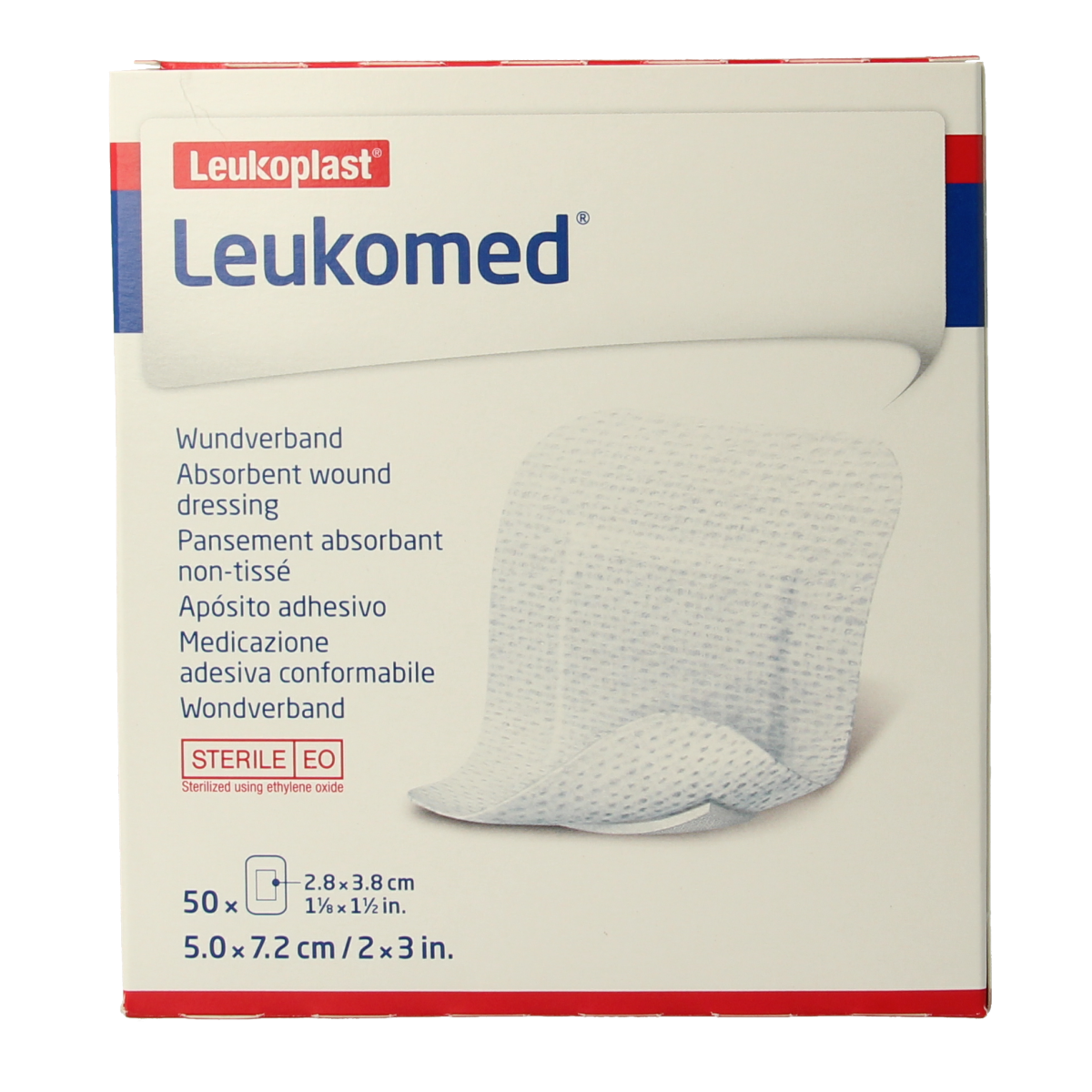 Sterile Leukomed wound dressing patches in 7.2 x 5 cm size, shown in a box, part of the pleisters en tape product range.