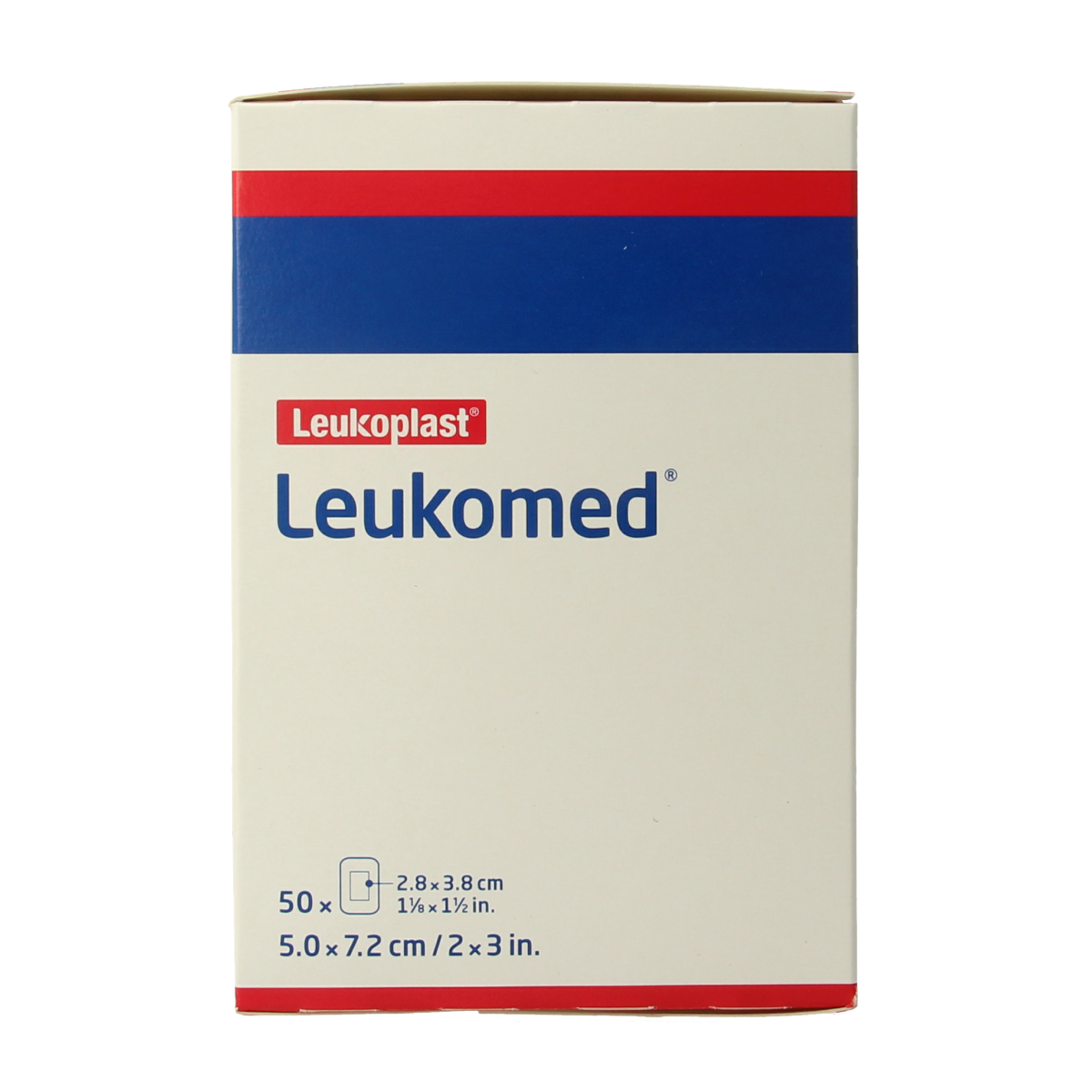 Sterile Leukomed wound dressing in 7.2 x 5 cm size, shown with adhesive tape for wound care and protection.