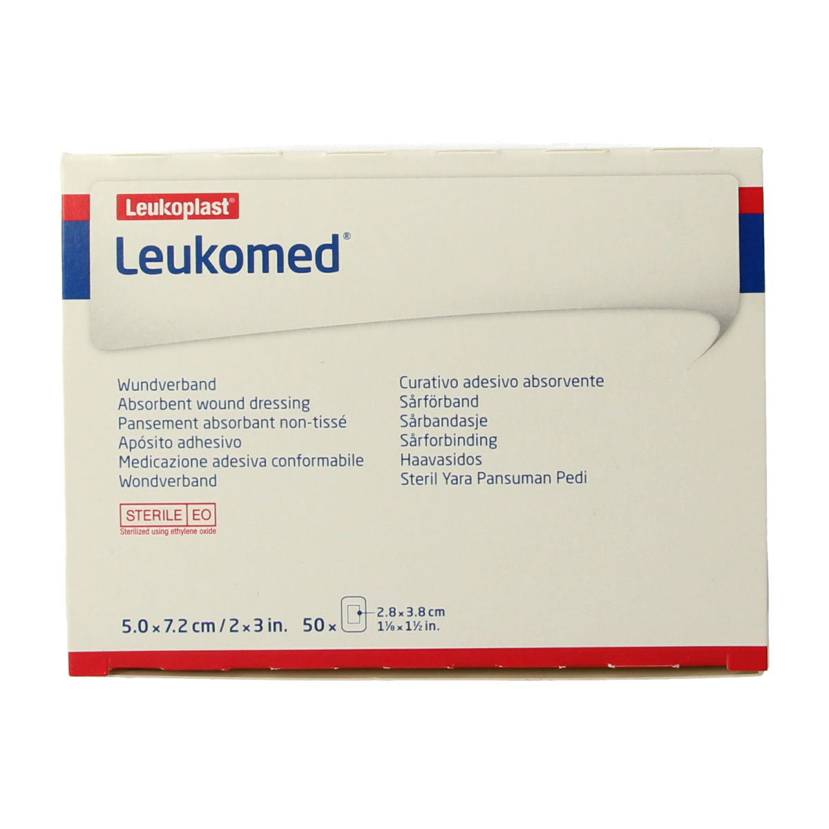 Sterile Leukomed wound dressing 7.2 x 5cm, pack of 50, ideal for wound care and protection.