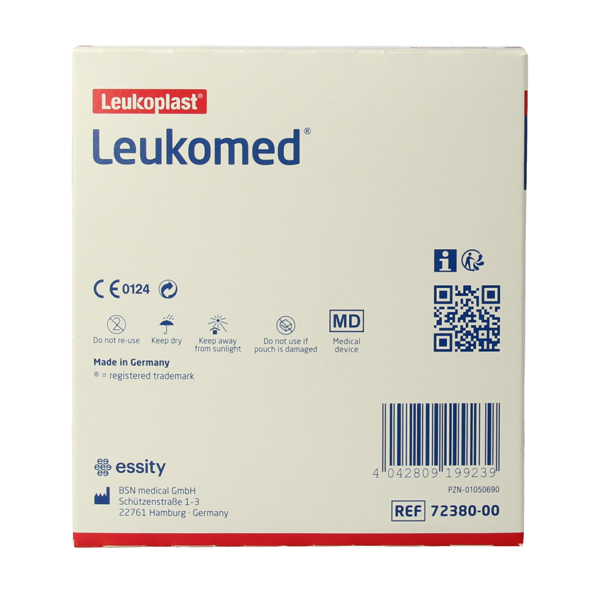 Sterile Leukomed wound dressing patches, 7.2 x 5cm, for wound care, shown in a box with multiple sterile dressings.