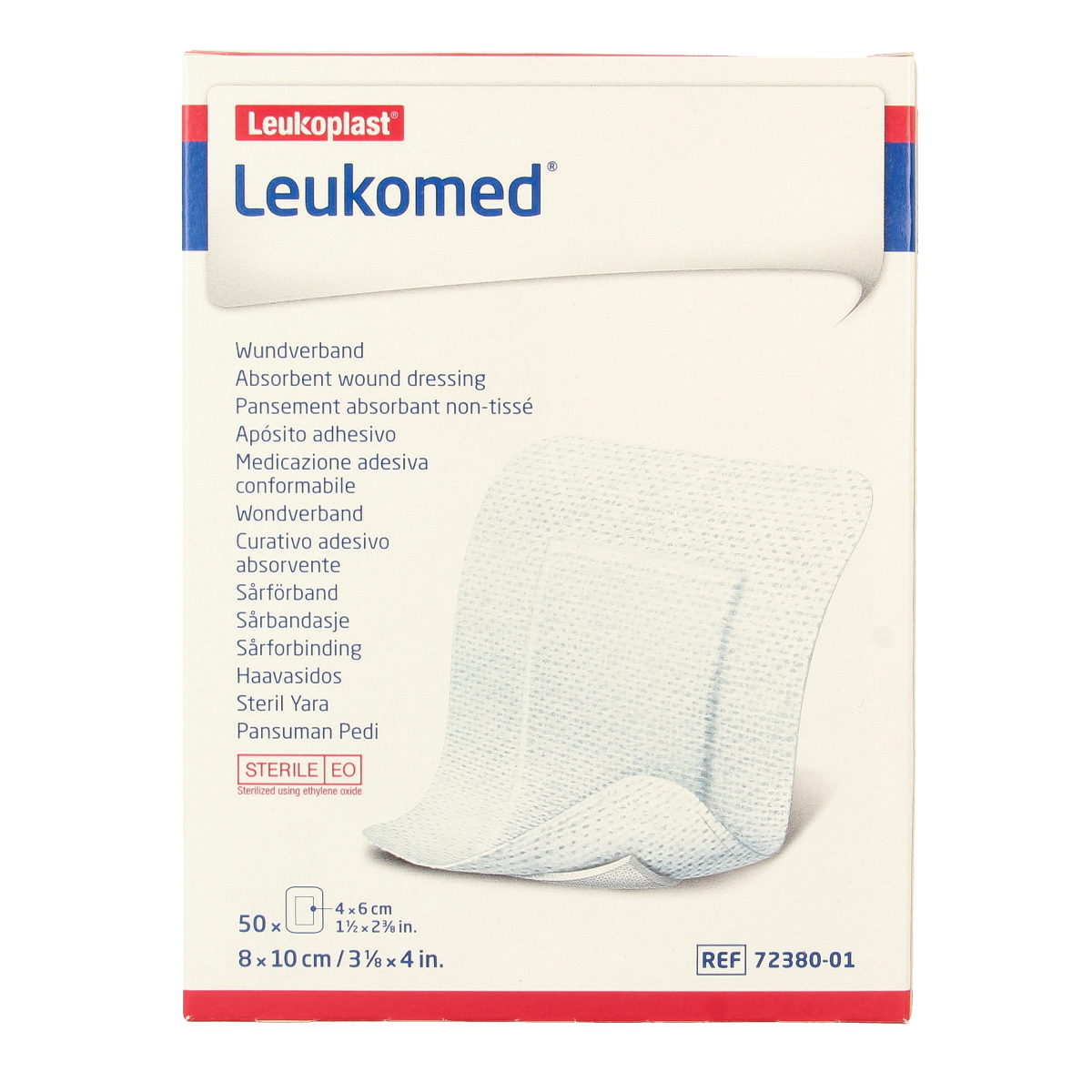 Sterile Leukomed wound dressing, 8x10cm, from Leukomed, displayed in a box of 50 sterile wound dressings.