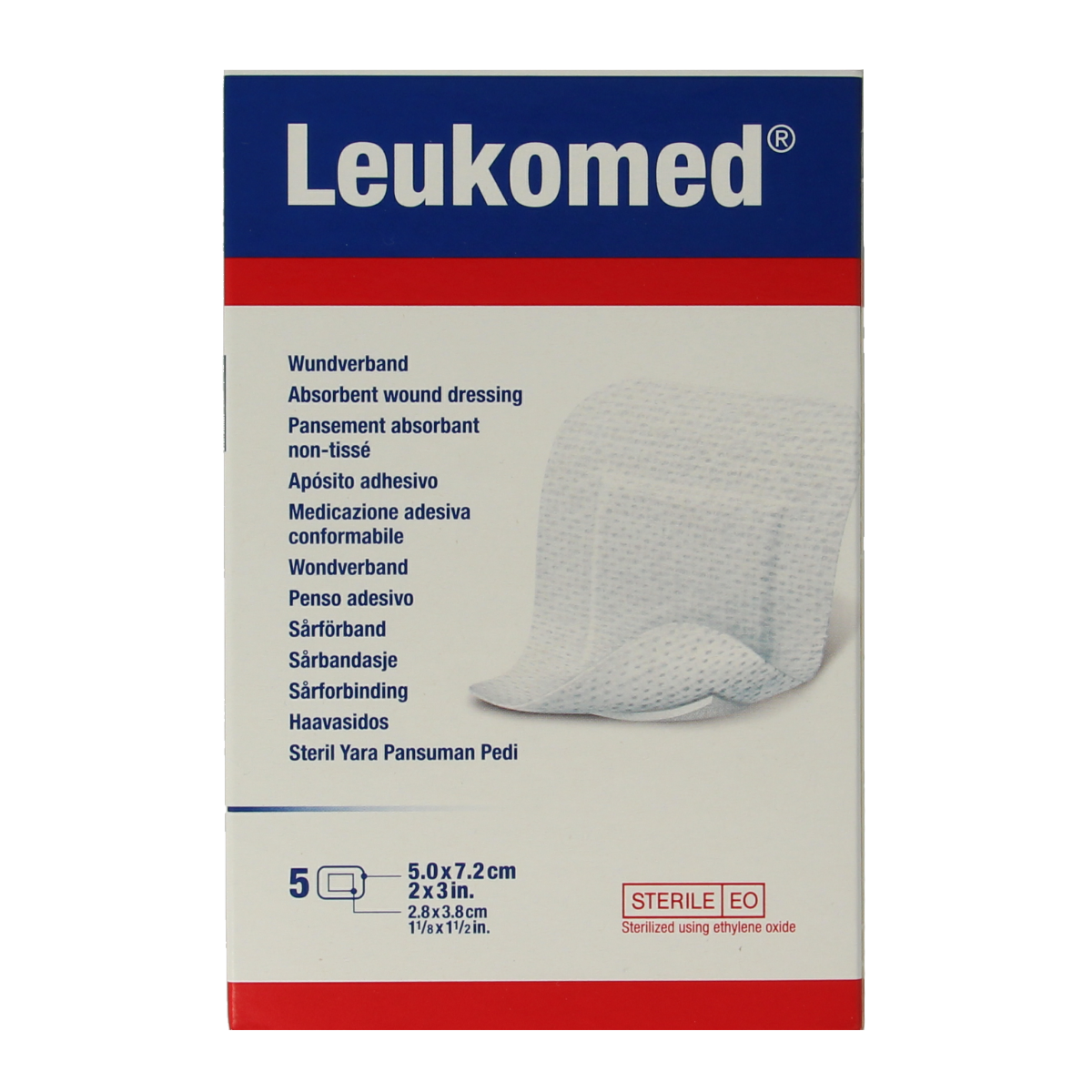 Sterile Leukomed wound dressing in 7.2 x 5cm size with five adhesive bandages from the Leukomed brand.