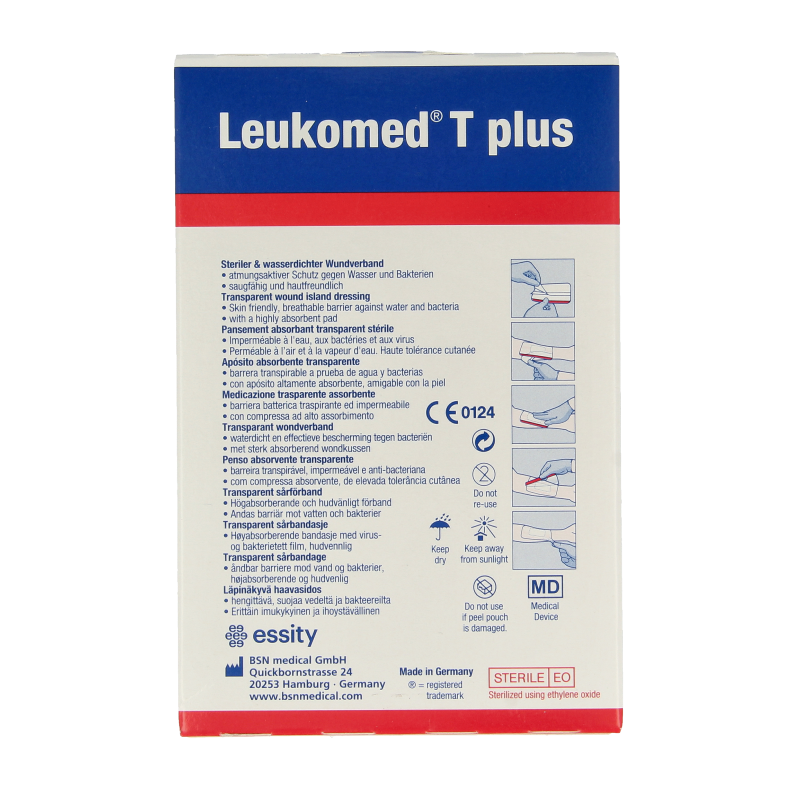 Leukomed Transparant wondverband T plus, 5cm x 7.2cm, set of 5 absorbent transparent wound dressings with adhesive edges.