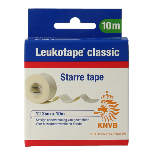 Leukotape Classic 2cm x 10m strong athletic tape for support and injury prevention, shown unrolled on a neutral background.