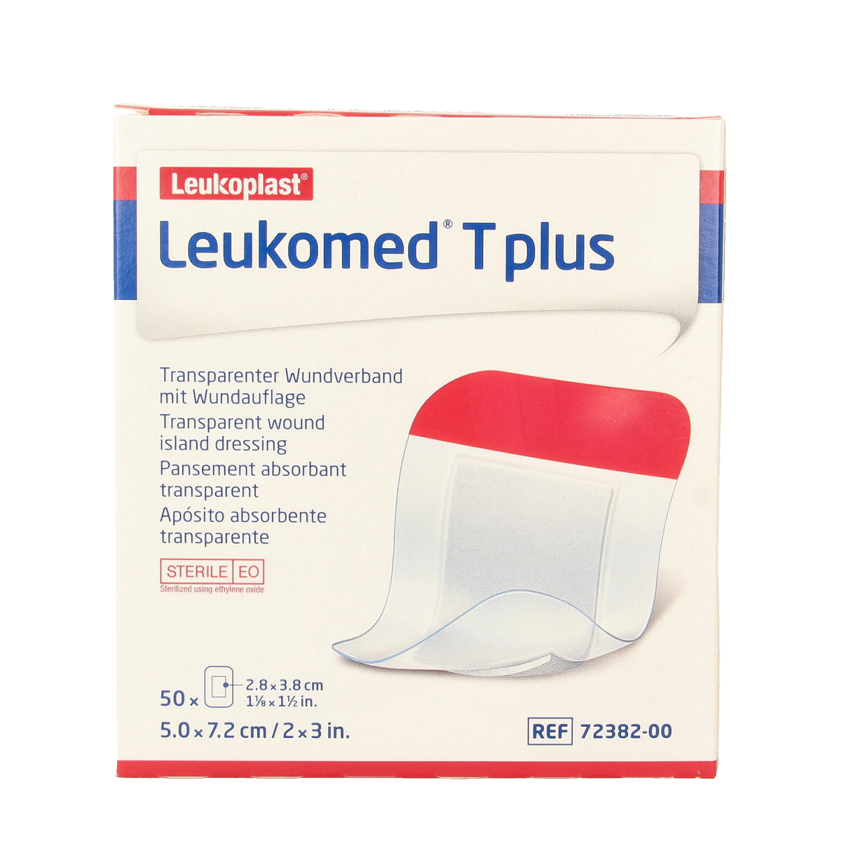 Leukomed transparent wound dressing T plus, 7.2 x 5cm, pack of 50, adhesive medical tape for wound protection and healing.
