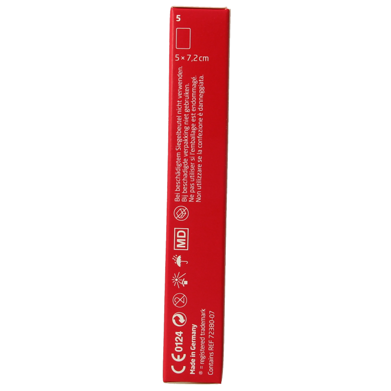 Leukoplast wound dressing with 7.2 x 5cm adhesive plasters, shown in a pack of five for wound care and protection.