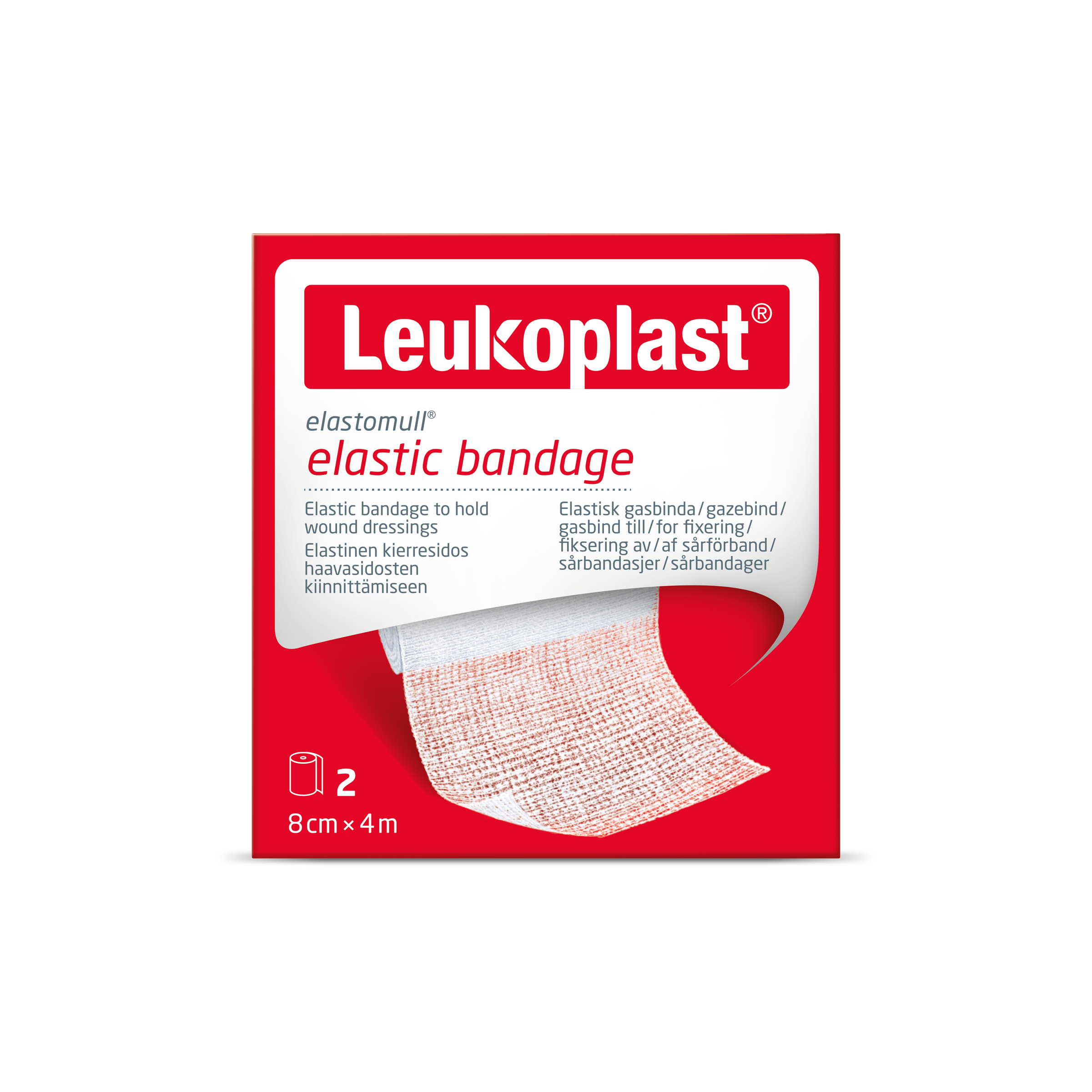 Elastic bandage from Elastomull, 4m x 8cm, shown rolled out for support and compression in first aid or medical use.