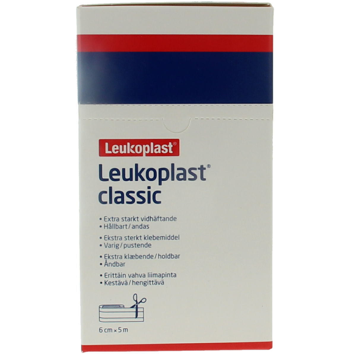 Leukoplast Classic 5m x 6cm medical adhesive tape and bandages in a pack of 1, sterile and suitable for wound care.