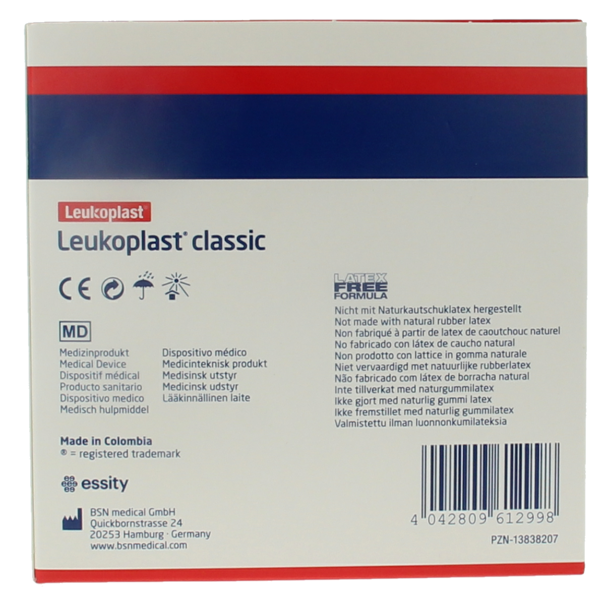 Leukoplast Classic 5m x 6cm medical adhesive tape and bandages, sterile, for wound care and first aid use.
