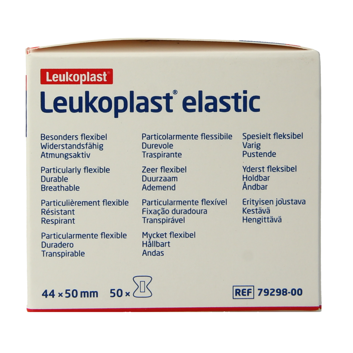 Leukoplast Finger Top Plasters 44x50mm, pack of 50, skin-colored adhesive bandages for finger injuries.