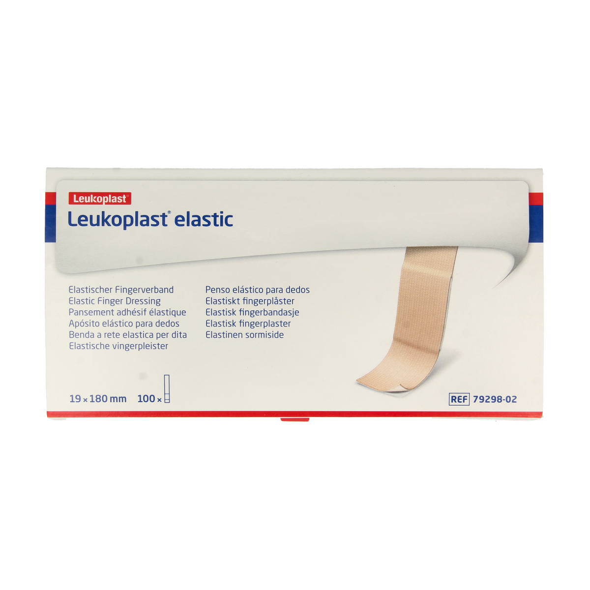 Leukoplast elastic finger bandages, 100-piece pack, flexible and breathable adhesive plasters for finger injuries.