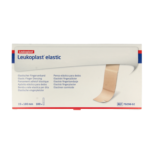 Leukoplast elastic finger bandages, 100-piece pack, flexible and breathable adhesive plasters for finger injuries.