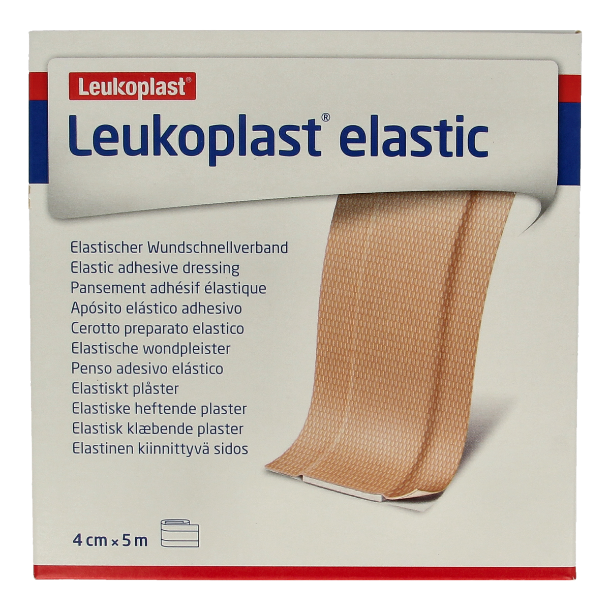 Leukoplast Elastic wound dressing tape 5m x 4cm, flexible adhesive bandage for wound care, shown on a white background.