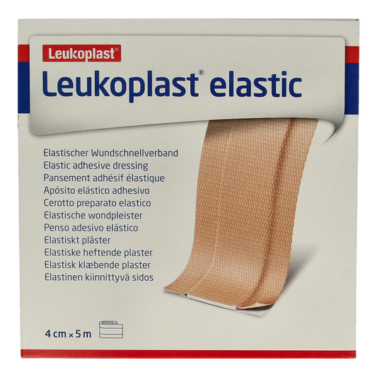 Leukoplast Elastic wound dressing tape 5m x 4cm, flexible adhesive bandage for wound care, shown on a white background.