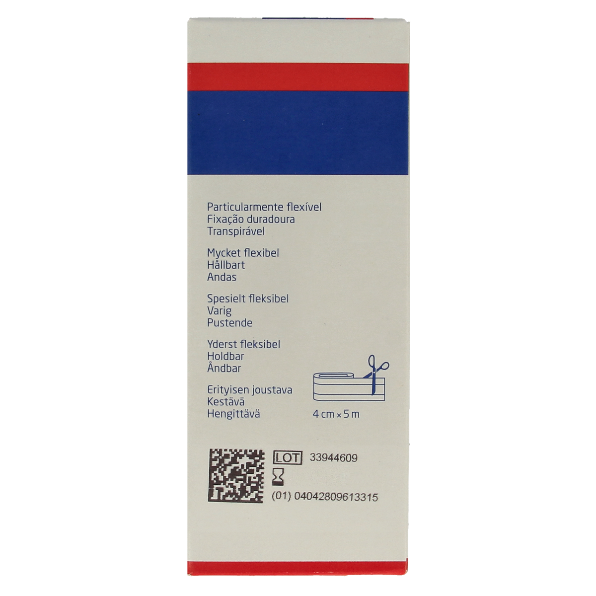 Leukoplast Elastic wound dressing tape 5m x 4cm, flexible adhesive bandage for wound care, shown on a white background.